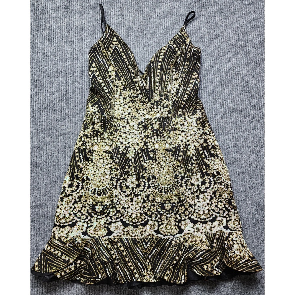 Lulus Black Gold Sequin Lace Up Back Ruffle Mini Dress cocktail party Sexy
